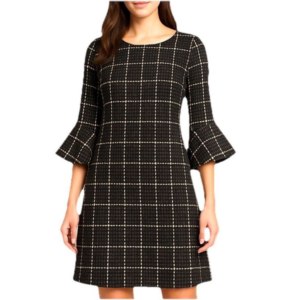 Ronni Nicole Plaid Shift Dress Womens XL Black Beige Bell Sleeve Stretch